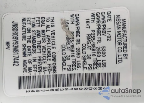 2003 Nissan Pathfinder Se из США, поврежденный, VIN JN8DR09Y93W817442